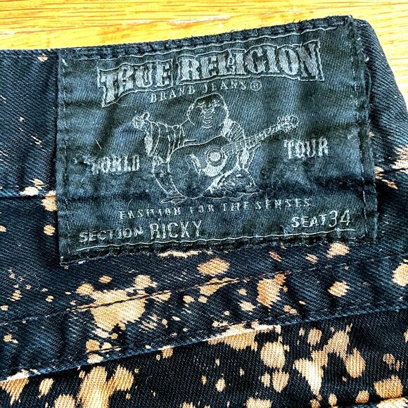 True Religion Ricky Black Jeans 32 Men’s Raf Simons Like Acid Splatter Distresse - Picture 5 of 11